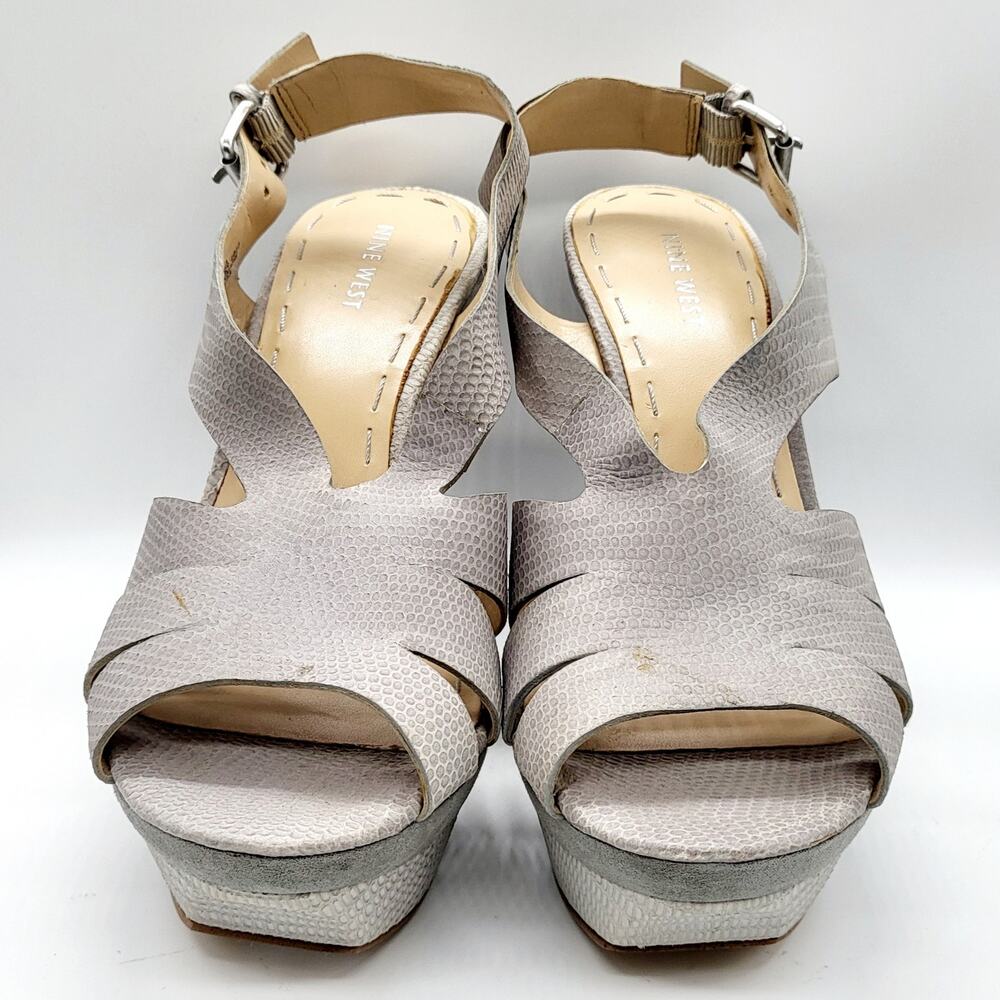 Nine West Hiala Gray Leather Strappy Open-toe Platform Stacked Heels Women's 9M